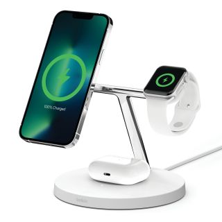 Belkin BOOST CHARGE PRO MagSafe 3-in-1 Charging Stand- Watch fast charge- w PSU (EU Power Supply) - White